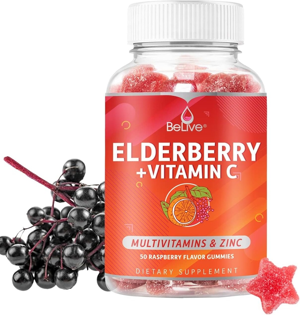 BeLive Elderberry Gummies med zink og C-vitamin, D, A, E, B12-50 Ct I Immunitet Support for sunde knogler og tænder, Vegan, Keto & ikke-GMO - Raspberry Flavor