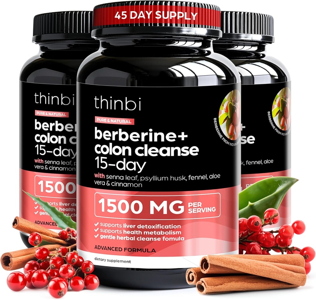 Colon Cleanse Berberine Supplement 1500mg - 3 Pack - 15-dag ekstra styrke til mænd og kvinder w / Senna Leaf, Fast- Actioning Natural Laxative for Constipation Relief, Gut Health -Made in USA