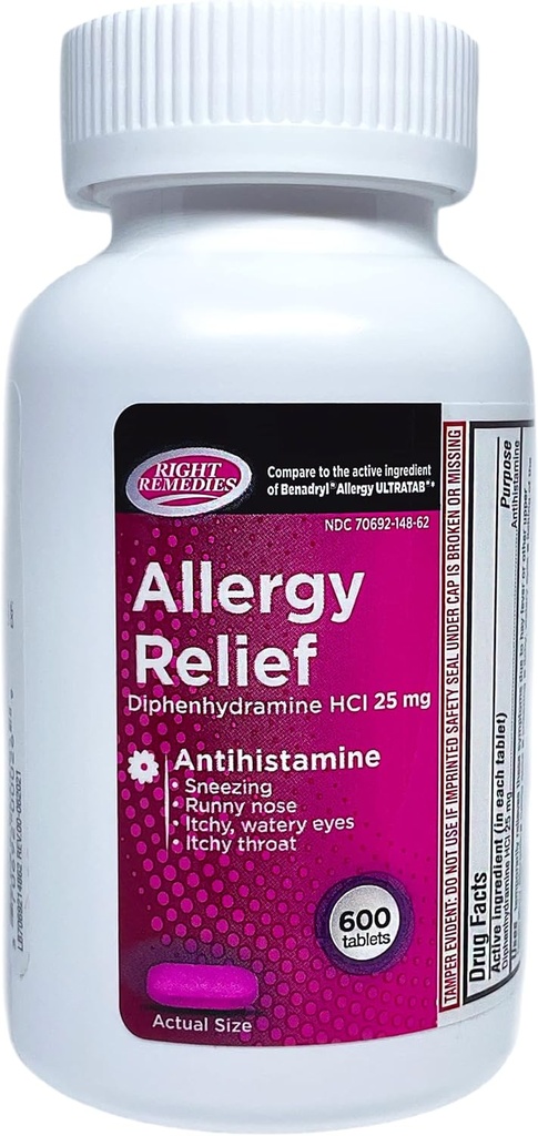 Allergi Relief Antihistamin, Diphenhydramin HCl 25mg, (600 Tæl), Sammenlignet med National Brand Allergy Ultratabs, Relieves Sæsonbestemt Indendørs eller Udendørs Øvre Luftveje Allergier
