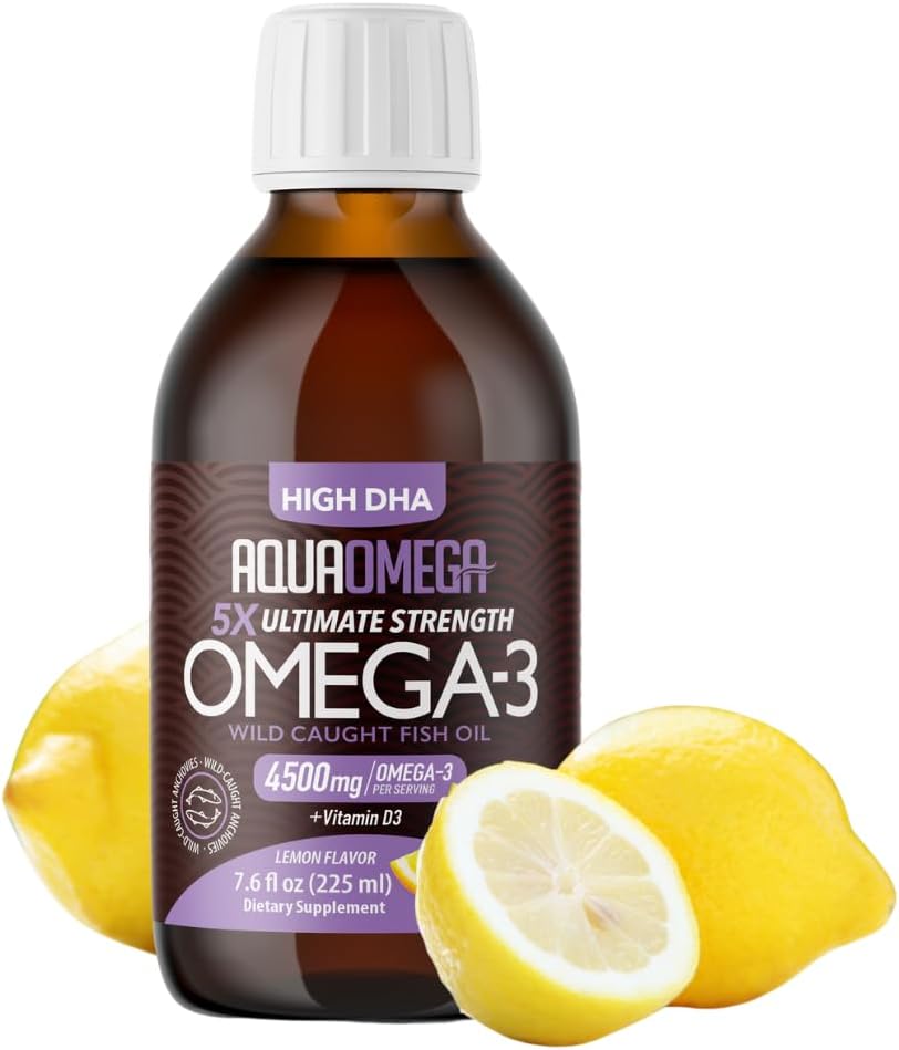 5X Ultimate Strength Omega 3 Fish Oil Liquid, Fish Oil Kosttilskud med høj DHA og EPA Omega3 Fedtsyrer, High Potency Omega 3 med D-vitamin, 7.60 floz, Lemon Flavor