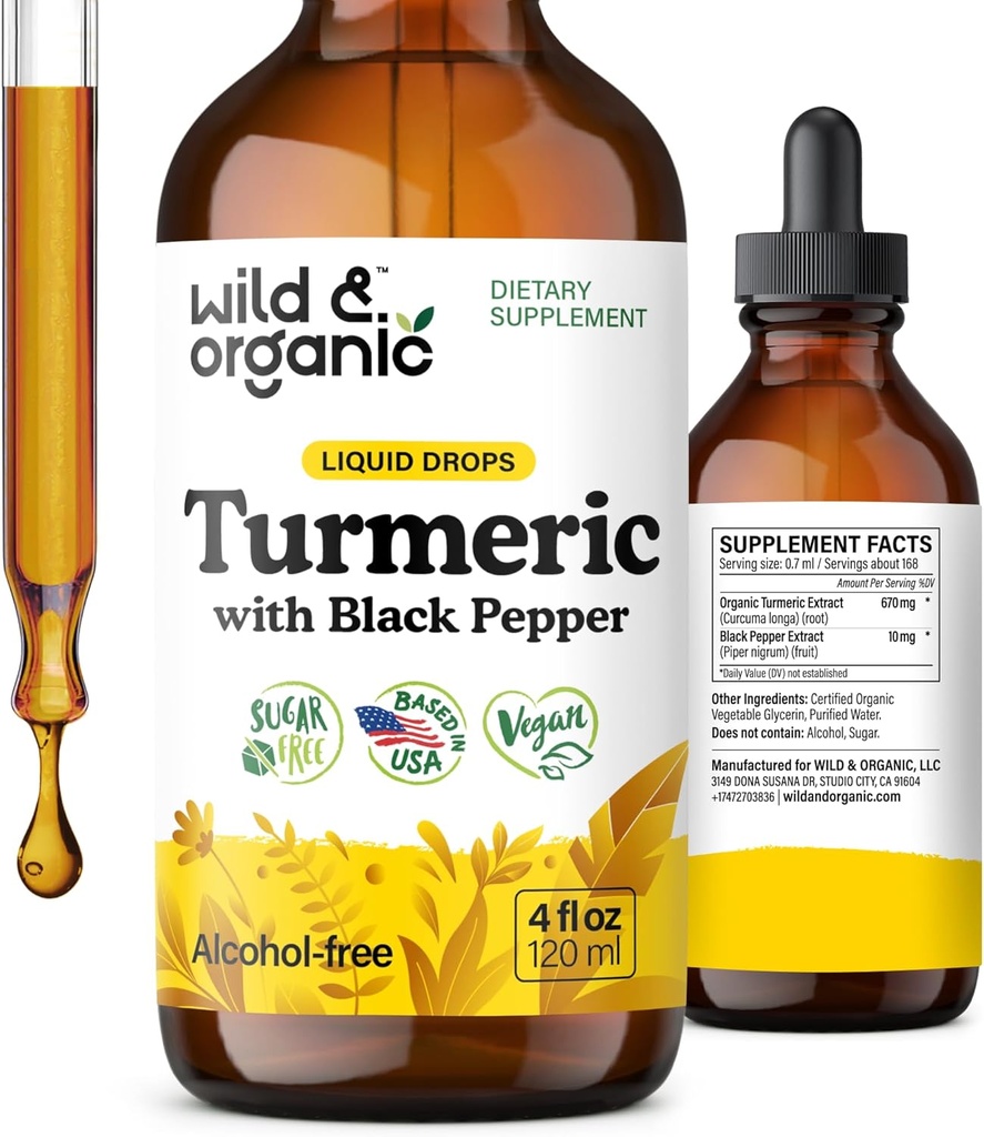 Wild & Organic Gurkemeje Tinktur - Gurkemeje med sort peber ekstrakt - Mobility Support - Curcumin Root Liquid Drops - Vegan, Sukker & Alkohol- Free - 4 fl oz