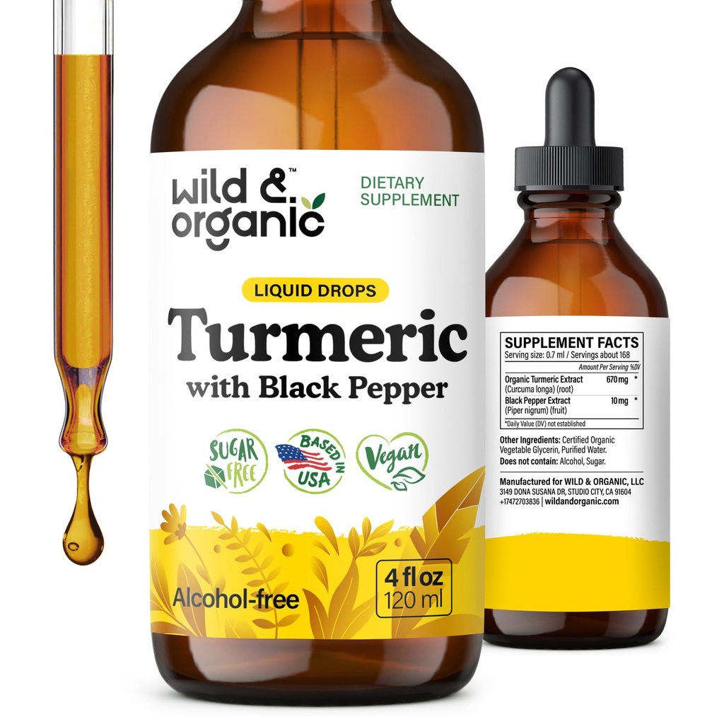 Wild & Organic Gurkemeje Tinktur - Gurkemeje med sort peber ekstrakt - Mobility Support - Curcumin Root Liquid Drops - Vegan, Sukker & Alkohol- Free - 4 fl oz