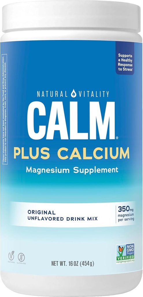 Natural Vitality Calm, Magnesium Citrate & Calcium Supplement, Drink Mix Powder understøtter en sund reaktion på stress, Gluten Free, Vegan, & Non- GMO, Original, 16 oz