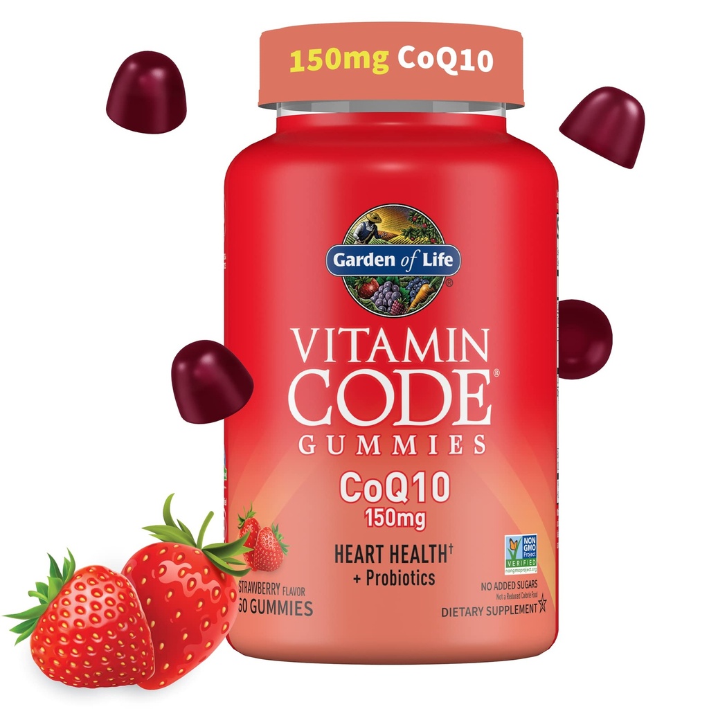 Life Vitamin Code CoQ10 Gummies 150 mg, Coenzym Q10 for Heart Health, Energy Production & Sund Aging + Prebiotika & Probiotika til fordøjelse, Non- GMO, Gluten- Free, 60 Strawberry Gummies