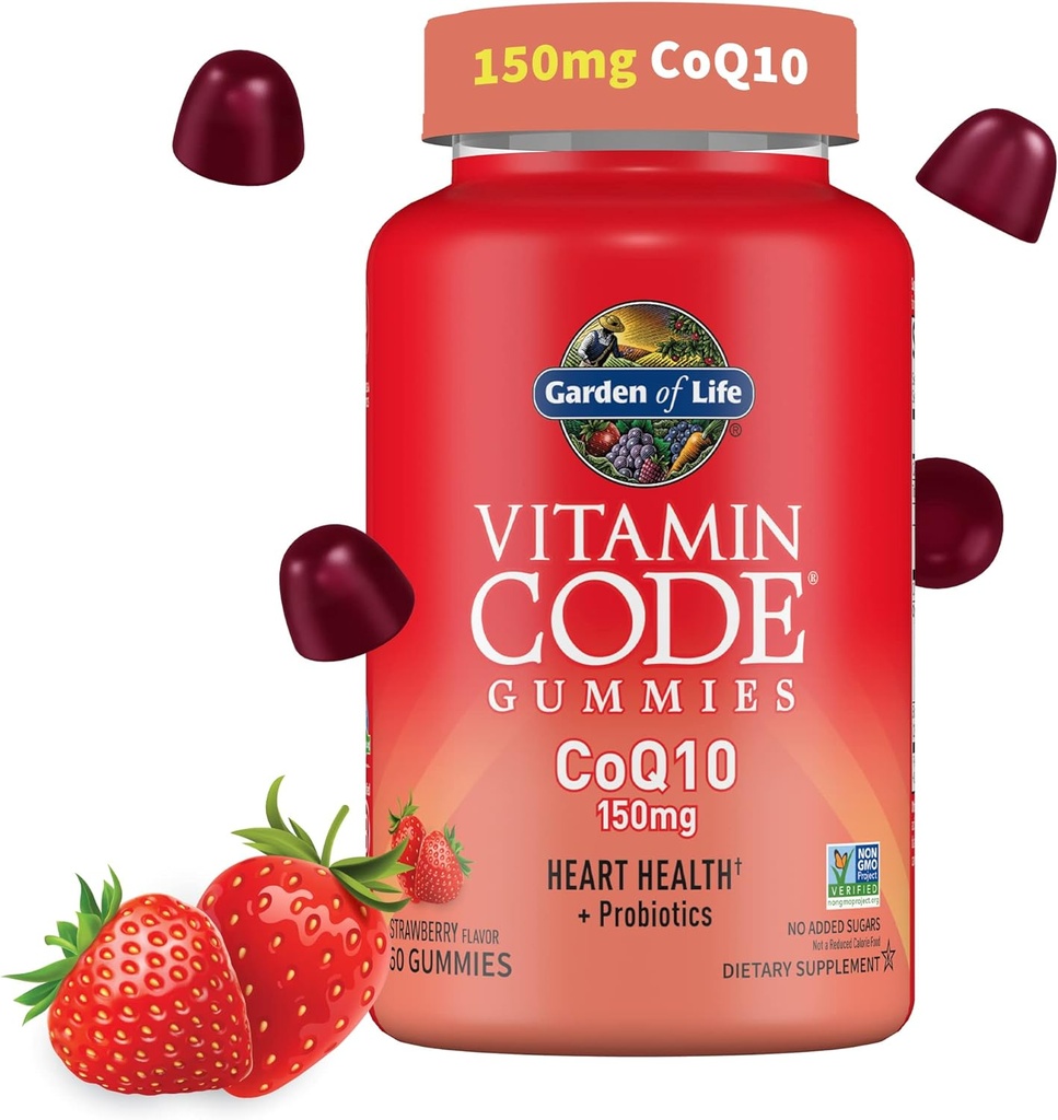 Life Vitamin Code CoQ10 Gummies 150 mg, Coenzym Q10 for Heart Health, Energy Production & Sund Aging + Prebiotika & Probiotika til fordøjelse, Non- GMO, Gluten- Free, 60 Strawberry Gummies