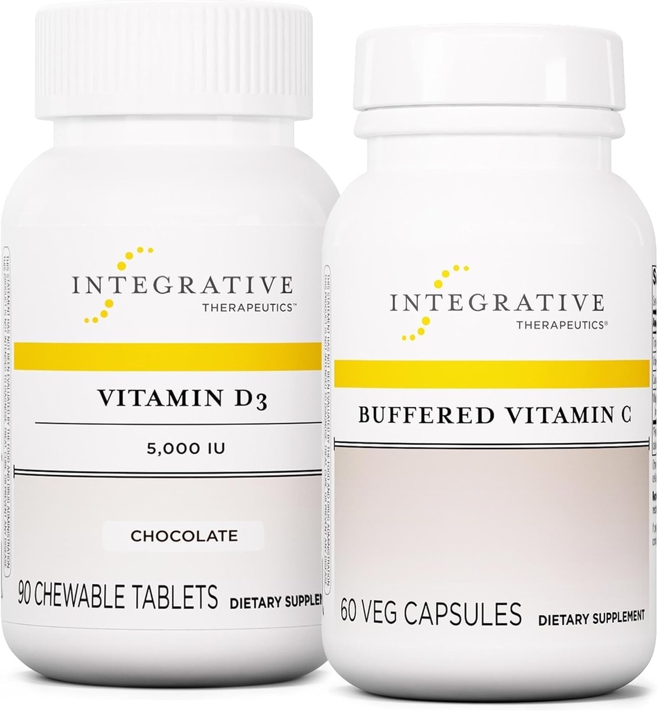 Integrativ terapi Bundle med buffered C-vitamin 1000 mg, 60 kapsler & D3-vitamin 125 mcg, 90 tyggetabletter - Buffered C-vitamin til antioxidant support * - D3-vitamin til support sundhed *