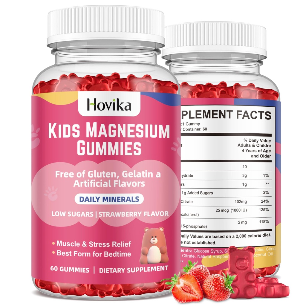 Magnesium Citrate Gummies for Kids - Great Tasting Kids Magnesium Calm Supplement Support Nerve & Bone Health, Strong Muscle for Kids Wellness, Vegan Strawberry Flavor Low-Sugar, 2 Pack-60 Count
