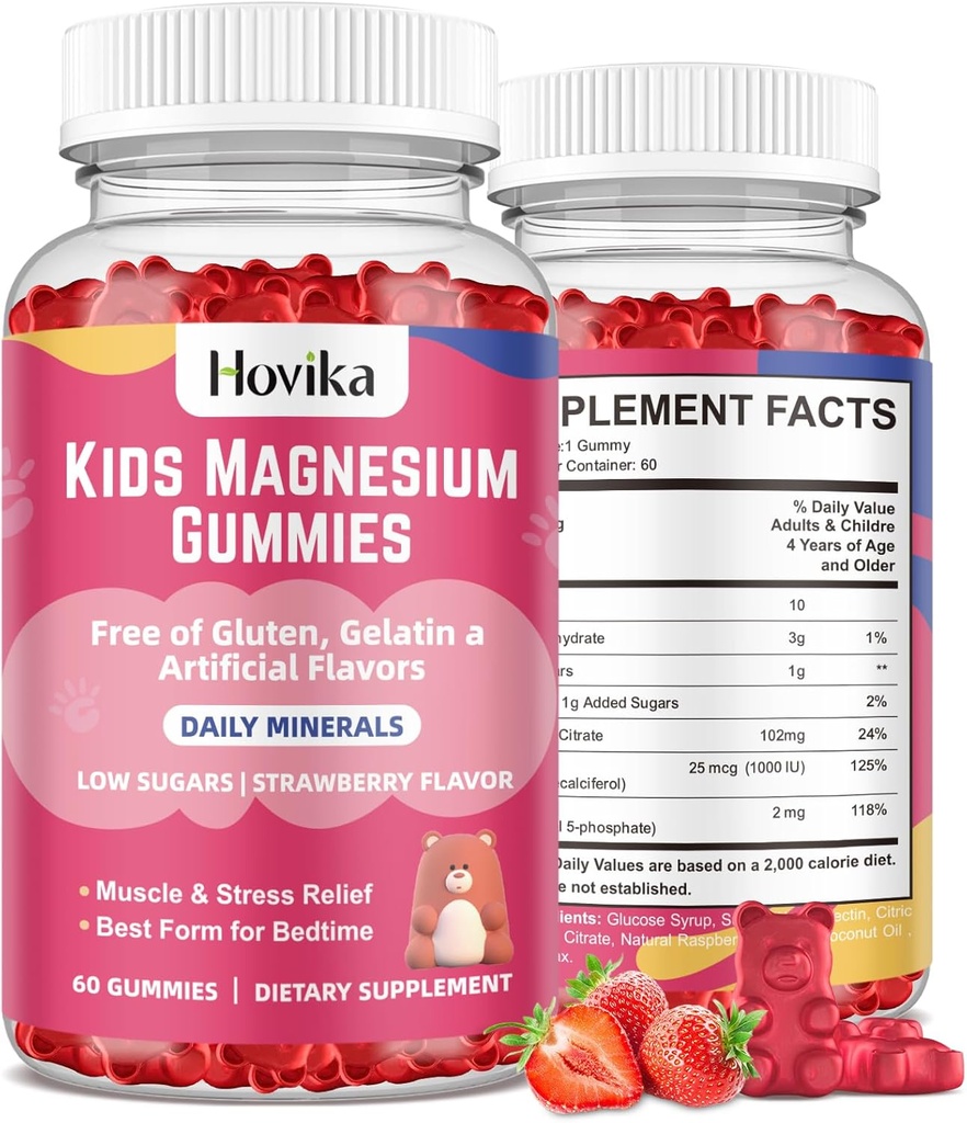 Magnesium Citrate Gummies for Kids - Great Tasting Kids Magnesium Calm Supplement Support Nerve & Bone Sundhed, Stærk Muskel for Kids Wellness, Vegan Strawberry Flavor Low- Sugar, 2 Packs- 60 Greve