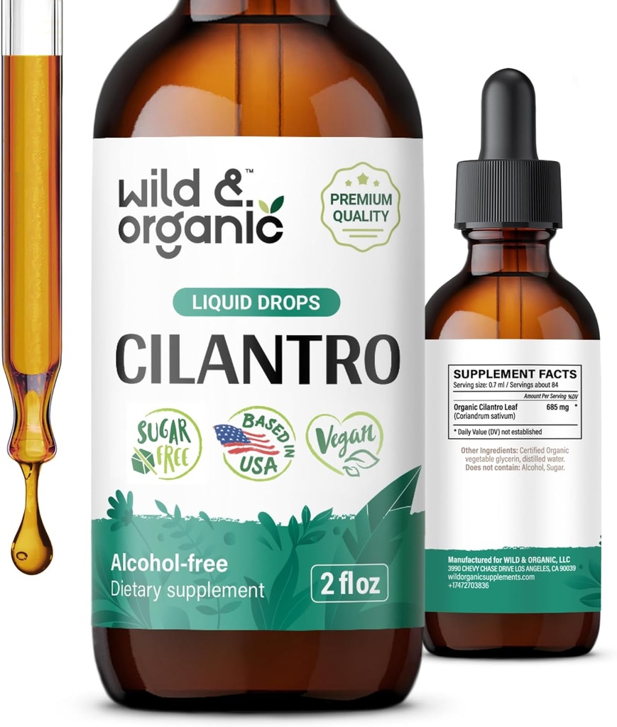 Wild & Organic Cilantro Drops - Detox Rengøring med flydende Cilantro Supplement - Coriander Leaf Extract Tinktur - Vegan, Sukker & Alkohol- Free - 2 fl oz