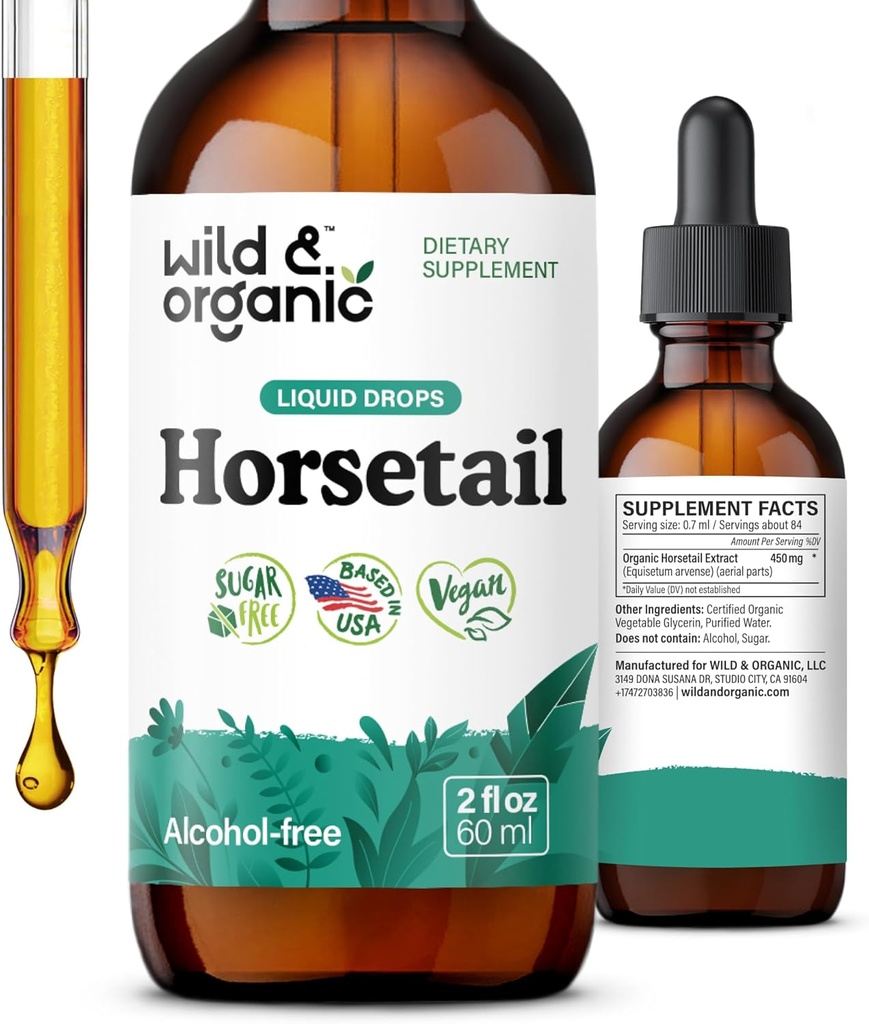 Wild & Organic Horsetail Extract Drops - Hår Skin Nails Support - Flydende Horsetail Supplement - Herb Powder baseret tinktur - Vegan, Sukker & Alkohol- Free - 2 fl oz