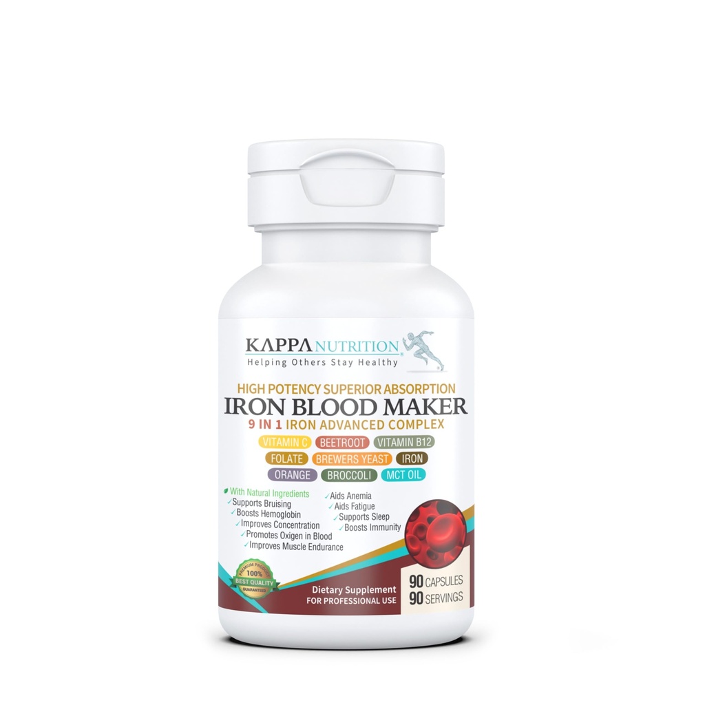 KAPPA NUTRITION Iron 26mg, C-vitamin & Orange 150mg, Folate 667mcg DFE, B12-vitamin, Beetroot, Brewers Yeast, Broccoli & MCT Oil 9 in 1 Advanced Complex (90 kapsler)