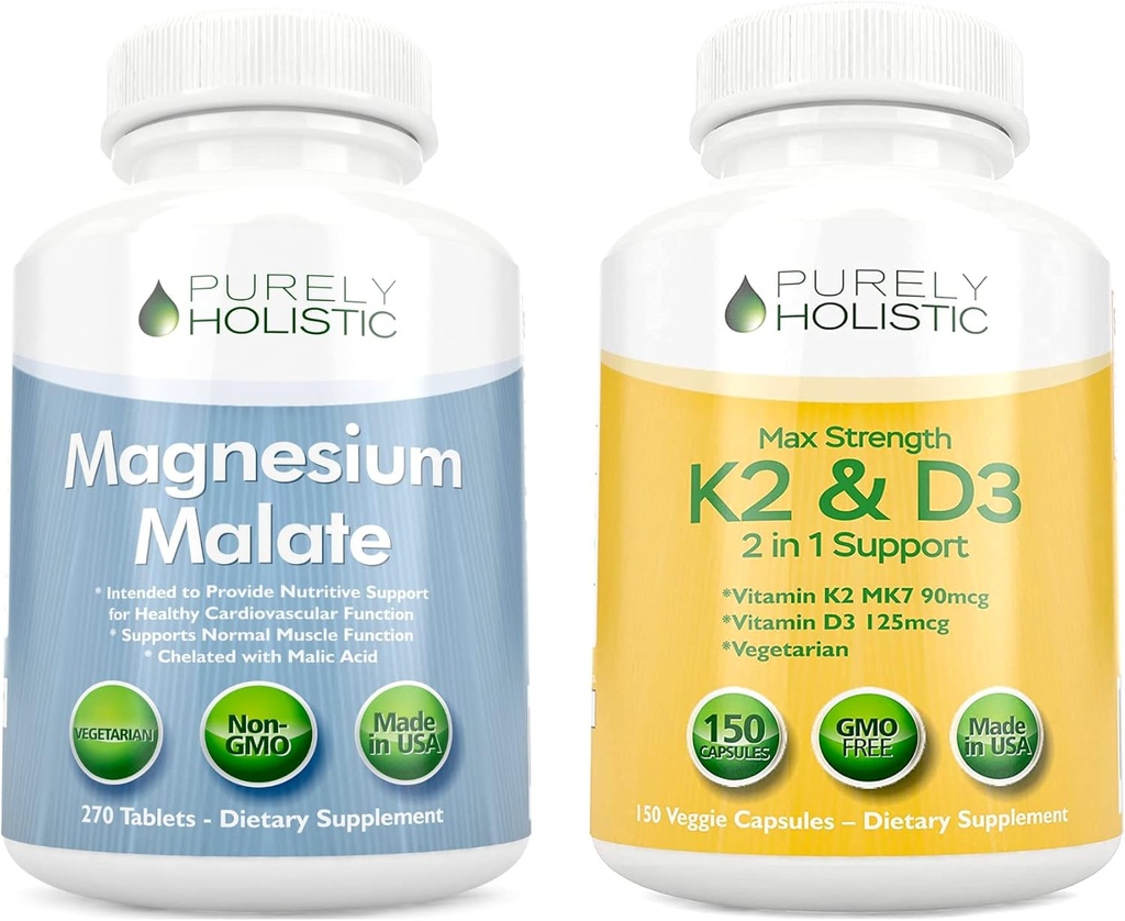 Rent holistisk Magnesium Malat 400mg + D3 125mcg K2 MK7 90mcg - 270 tabletter & 150 kapsler - Vegetarisk Bundle - Made in USA