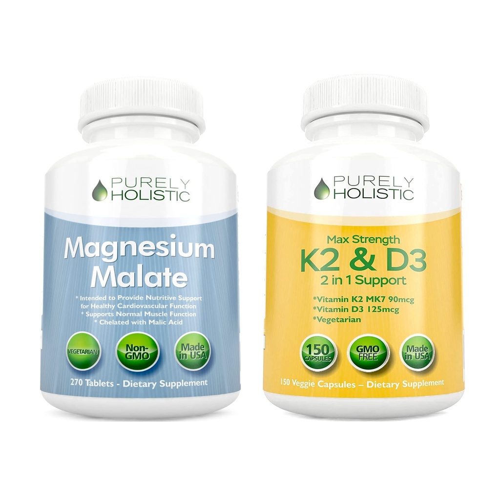 Rent holistisk Magnesium Malat 400mg + D3 125mcg K2 MK7 90mcg - 270 tabletter & 150 kapsler - Vegetarisk Bundle - Made in USA