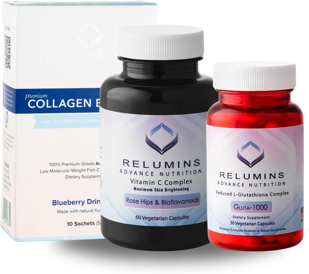 Relumins Premium Summer Glow Set – Collagen Blueberry, Glutathione 1000mg & Vitamin C – Antioxidant Support for Skin Health & Overall Wellness – 3-in-1 Beauty & Wellness Kit