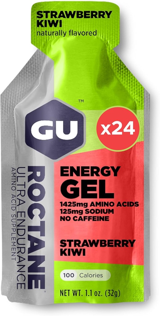 GU Energy Roctane Ultra Endurance Energy Gel, Vegan, Gluten- Free, Kosher og Dairy- Free On- The- Go Sport Nutrition for Running, Cyking, Vanding eller Skiing, Strawberry Kiwi (24 Pakker)