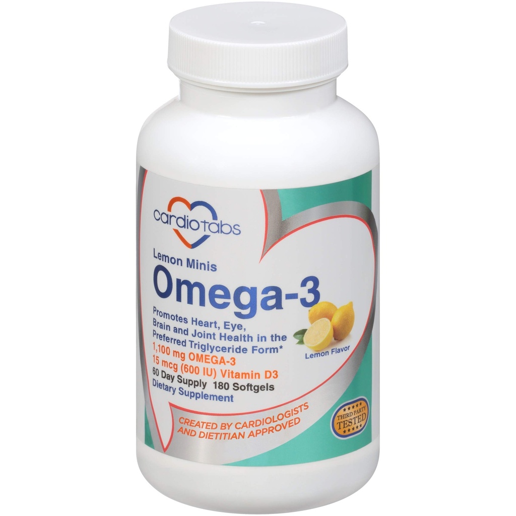 Omega 3 Lemon Minis + D3- vitamin, 1. 100 mg Omega-3 i triglyceridform og 600 IE D3- vitamin, easy- to- Swallow, Frisk Lemon- aromatiseret Omega-3 supplement Softgels - 180 Tæl