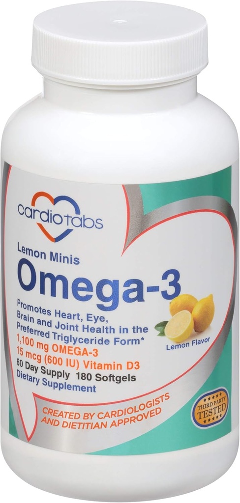Omega 3 Lemon Minis + Vitamin D3, 1,100 mg Omega-3 in Triglyceride Form and 600 IU Vitamin D3, Easy-to-Swallow, Fresh Lemon-Flavored Omega-3 Supplement Softgels - 180 Count