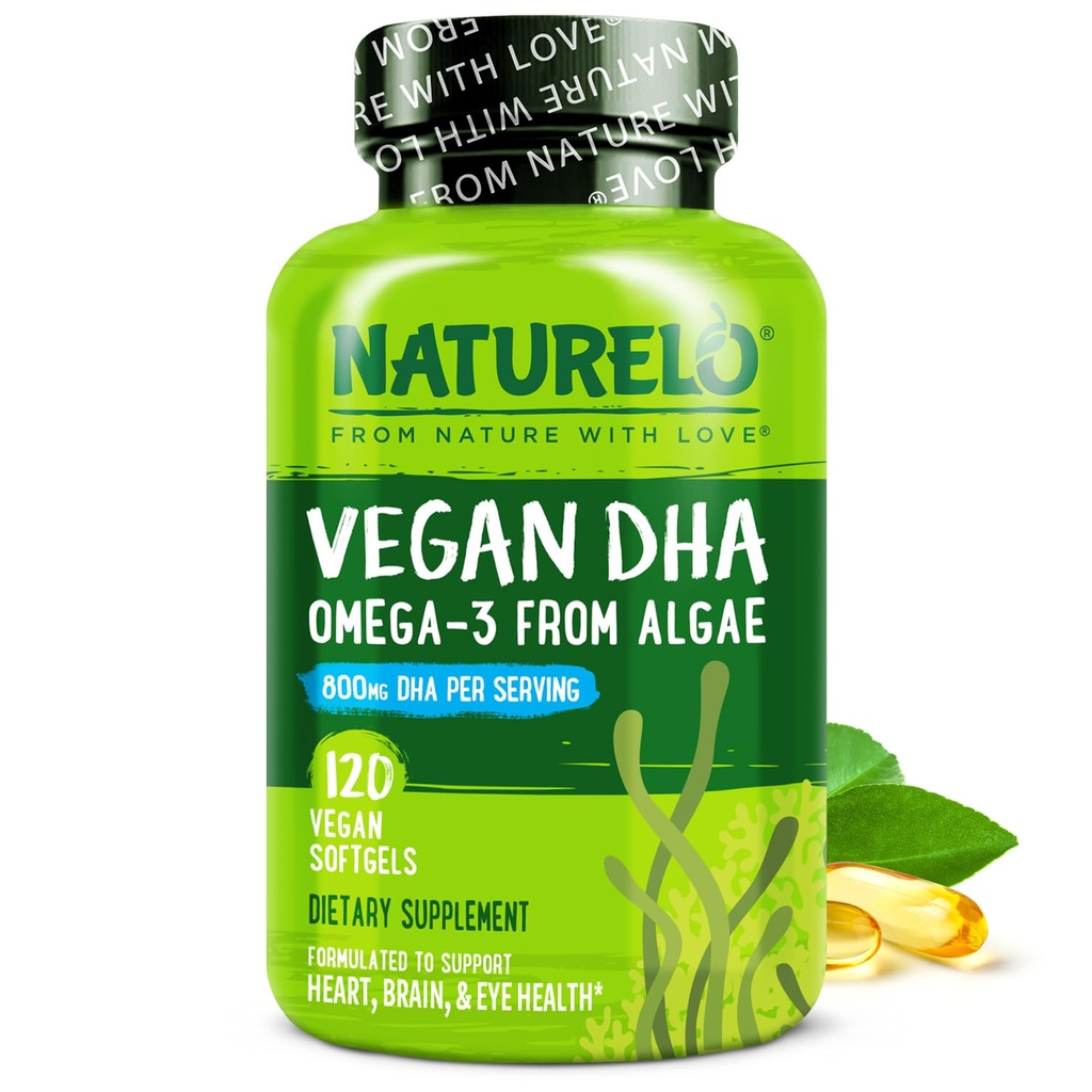NATURELO Vegan DHA - Omega 3 Olie fra Alger - Supplement for hjerne, hjerte, fælles, Eye Health - Giver essentielle fedtsyrer til kvinder mænd og børn - Supplementer Prenatal Vitaminer - 120 Softgels