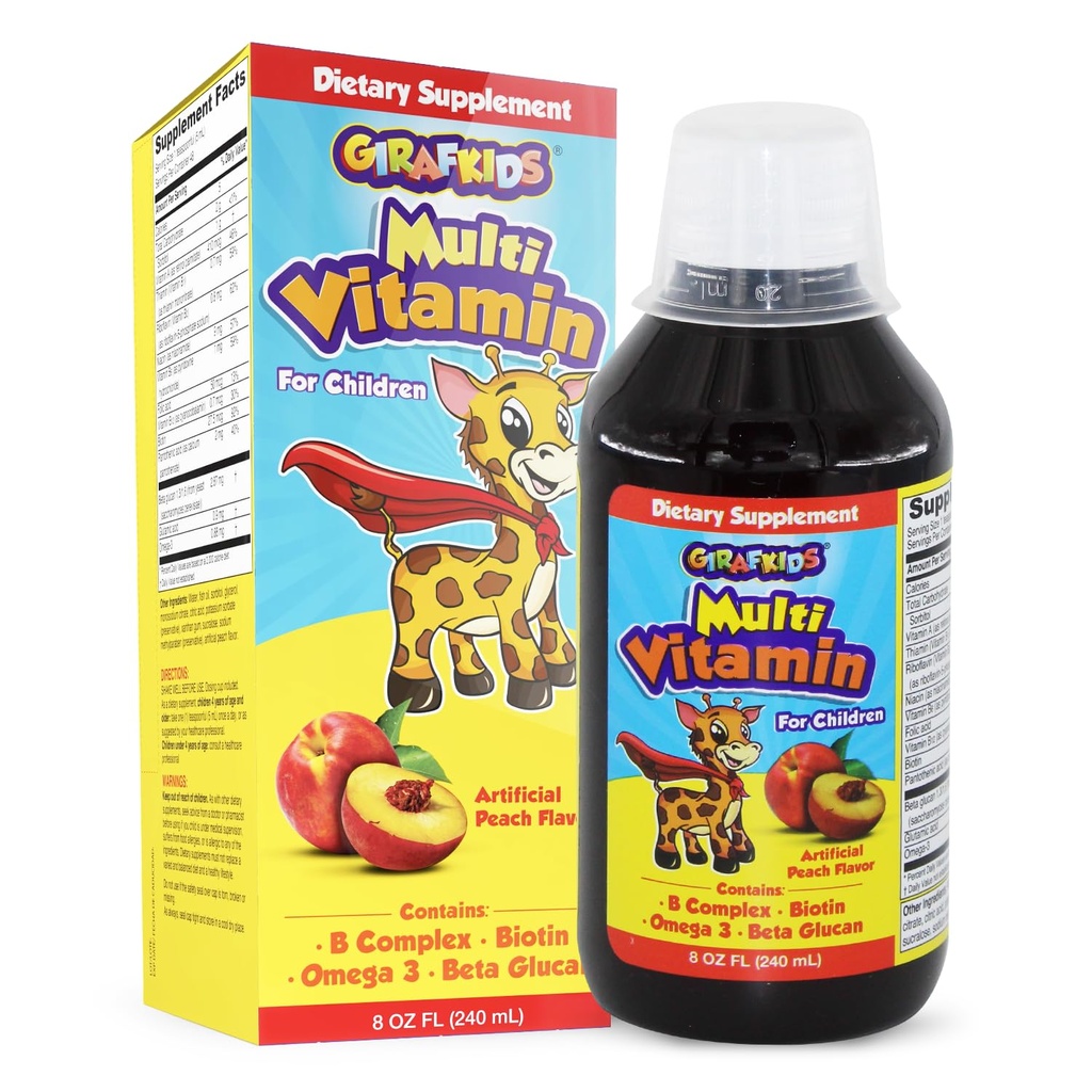 GirafKids Flydende Multivitamin til børn alder 4 +, 8oz - Daglige Child Vitaminer med Biotin, vitamin A, B Complex, Folsyre, Omega-3 & Beta Glucan - Kosttilskud til børn vækst og energi
