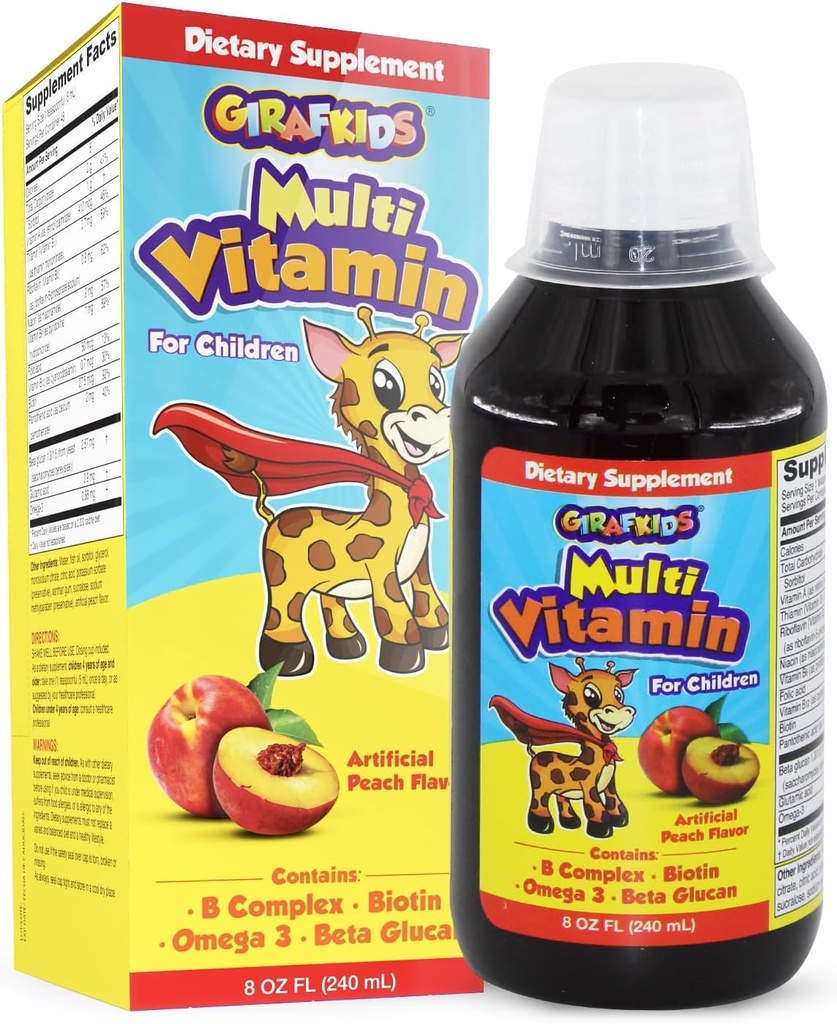 GirafKids Liquid Multivitamin for Kids Ages 4+, 8oz - Daily Child Vitamins with Biotin, Vitamin A, B Complex, Folic Acid, Omega-3 & Beta Glucan - Dietary Supplement for Kids Growth and Energy