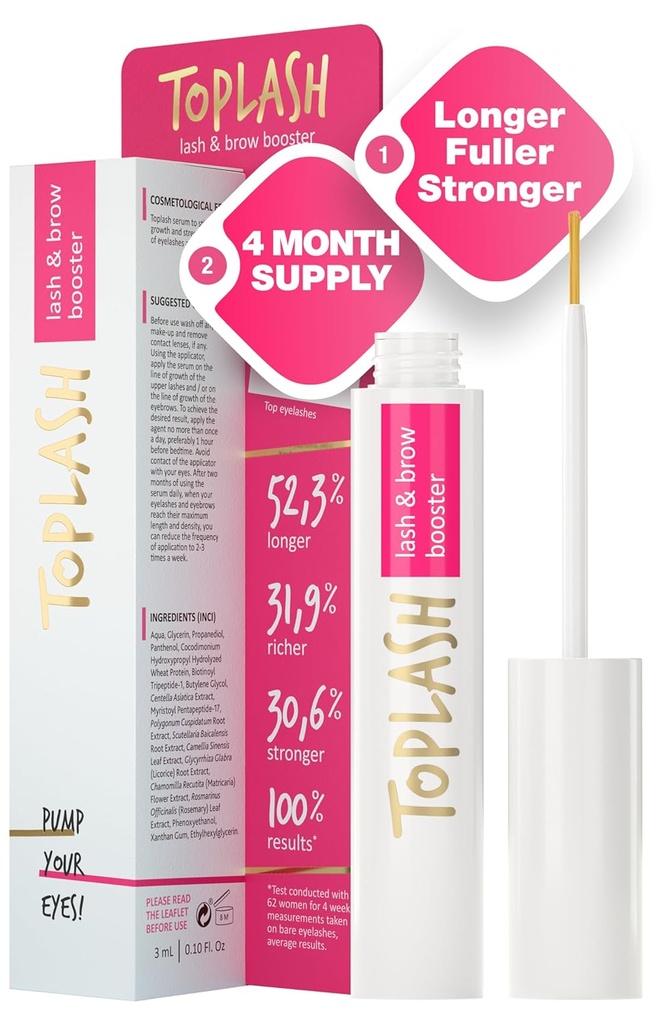 TOPLASH Eyelash Growth Serum - Innovative Formel for Længere, Thicker, Fuller Brows & Lass - Natural, Cruelty- Free & Hypoallergen - 0,10 fl.oz.
