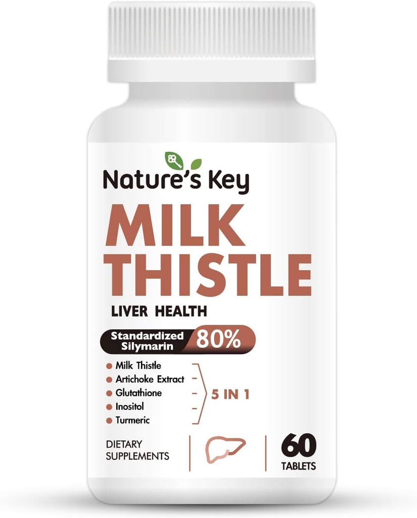 Nature 's Key Milk Thistle 500mg Lever Supplement, 30: 1 Ekstra Styrke 80% Silymarin Note 124; 5- -1 Lever Rengøring Detox & Reparation Formel med Artichoke, Glutathione, Inositol & Turmeric- 60 tabletter