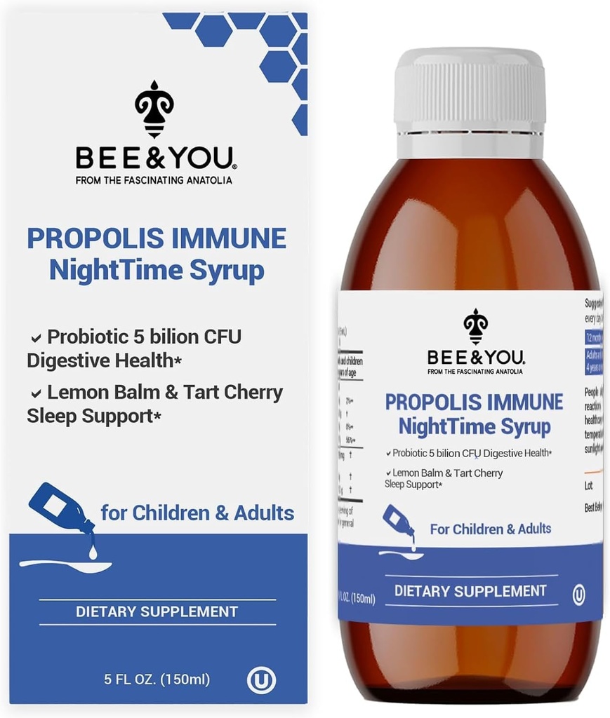 Bee og du Propolis Nighttime Syrup med Probiotic, C-vitamin og Elderberry - Gentle Formel for voksne & Børn, 5 Fl Oz