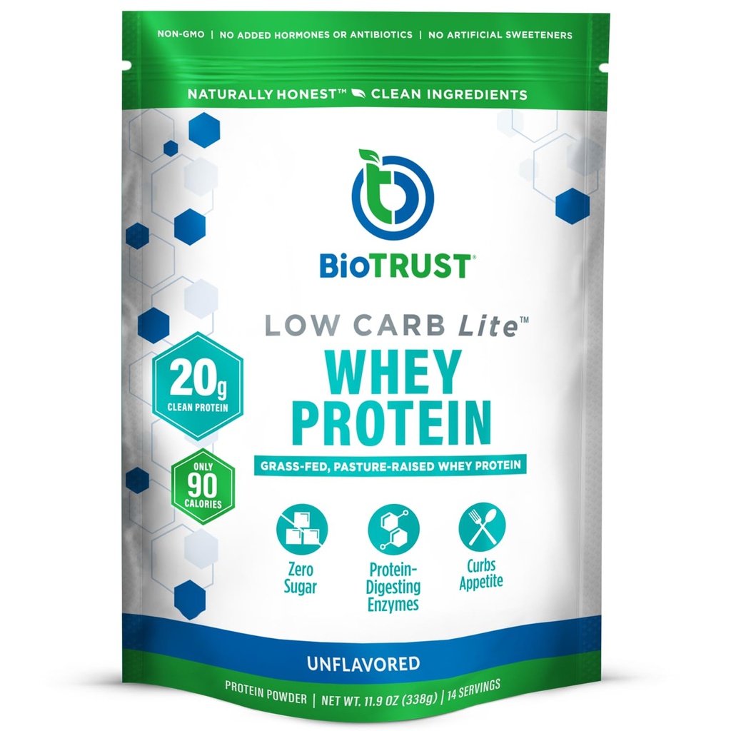 BioTrust Low Carb Lite, lav kalorie protein pulver - lav carb, sukker fri, lavt natrium, Keto protein pulver - 20g grass- Fed Whey Protein isolere med fordøjelige enzymer - Unflavored, 14 Servere
