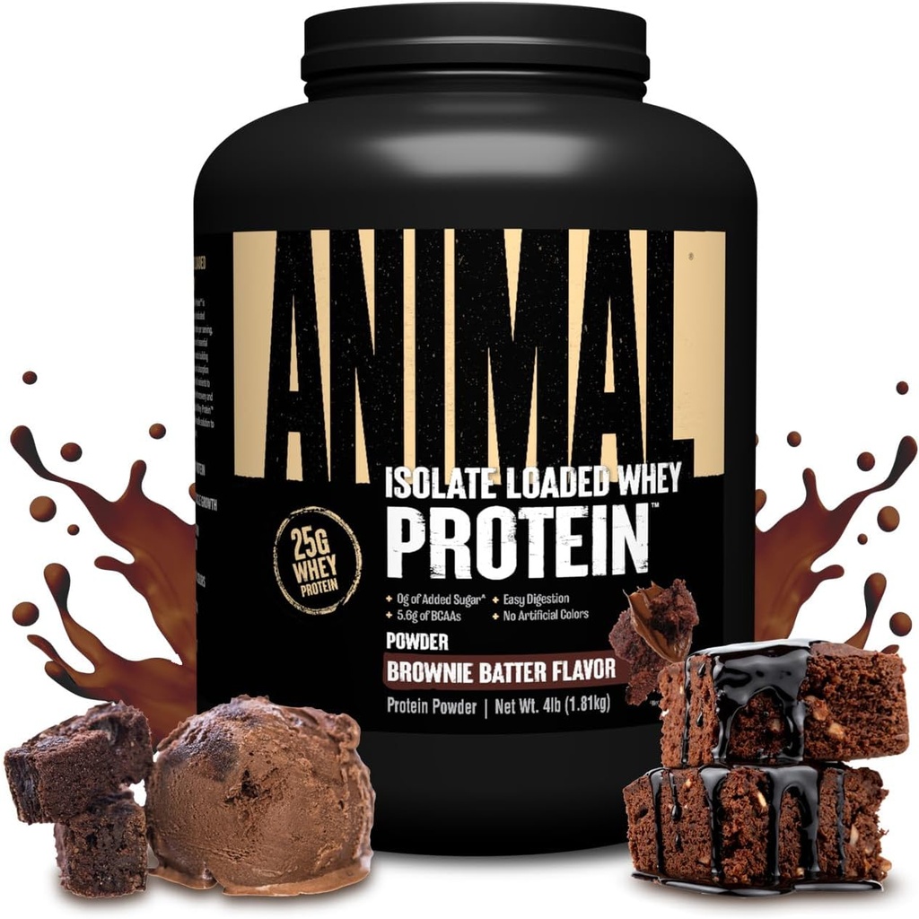 Animal Whey Isolate Protein Powder - Loaded for Pre & Post Workout Muscle Builder og Inddrivelse med fordøjelige enzymer til mænd og kvinder - 25g Protein, Great Taste, Low Sugar - Brownie Batter 4 lbs