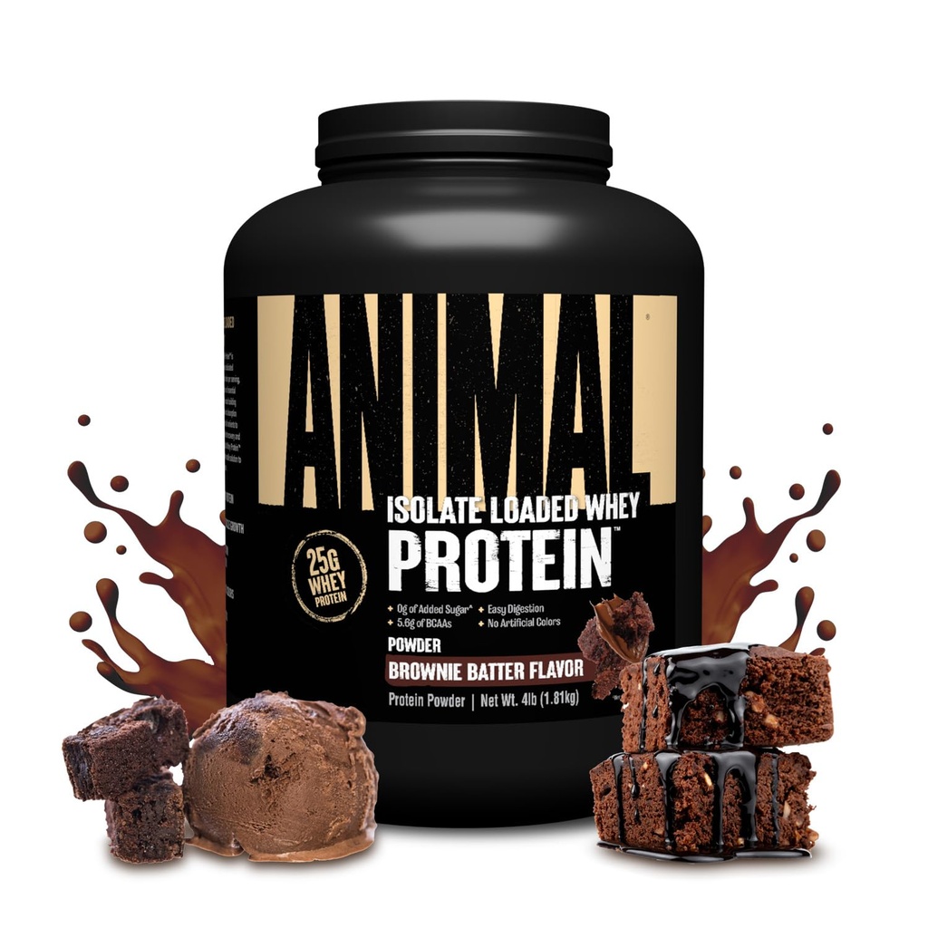 Animal Whey Isolate Protein Powder - Loaded for Pre & Post Workout Muscle Builder og Inddrivelse med fordøjelige enzymer til mænd og kvinder - 25g Protein, Great Taste, Low Sugar - Brownie Batter 4 lbs