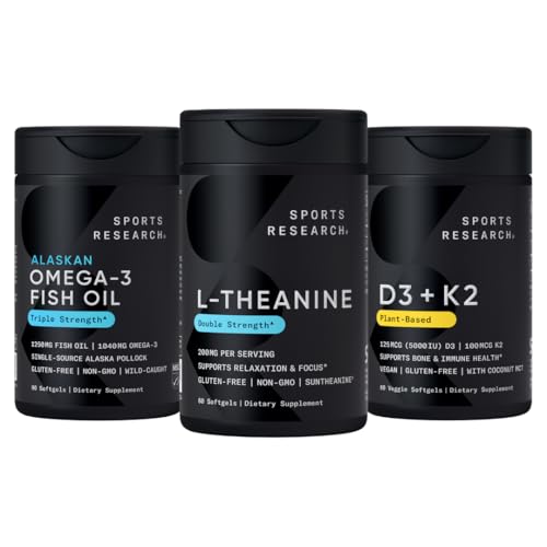 Sports Research Body Wellness Pack - Double Strength L- Theanine (Suntheanine) Supplement 200mg, Triple Strength Omega 3 Fish Oil (1250mg) og Vegan Vitamin D3 (5000 IE) + K2 (100mcg Mk7)