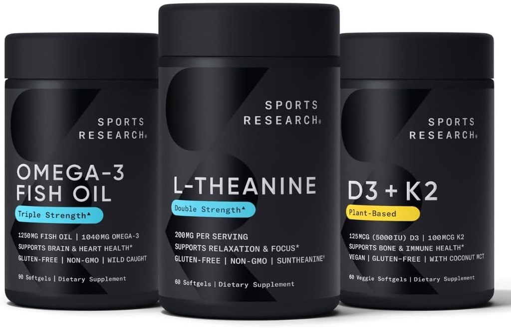 Sports Research Double Strength L- Theanine (Suntheanine) Supplement 200mg 60 Softgels, Triple Strength Omega 3 Fish Oil 1250mg (90 Count) og Vegan Vitamin D3 (5000 IE) + K2 (100mcg Mk7) 60 Softgels