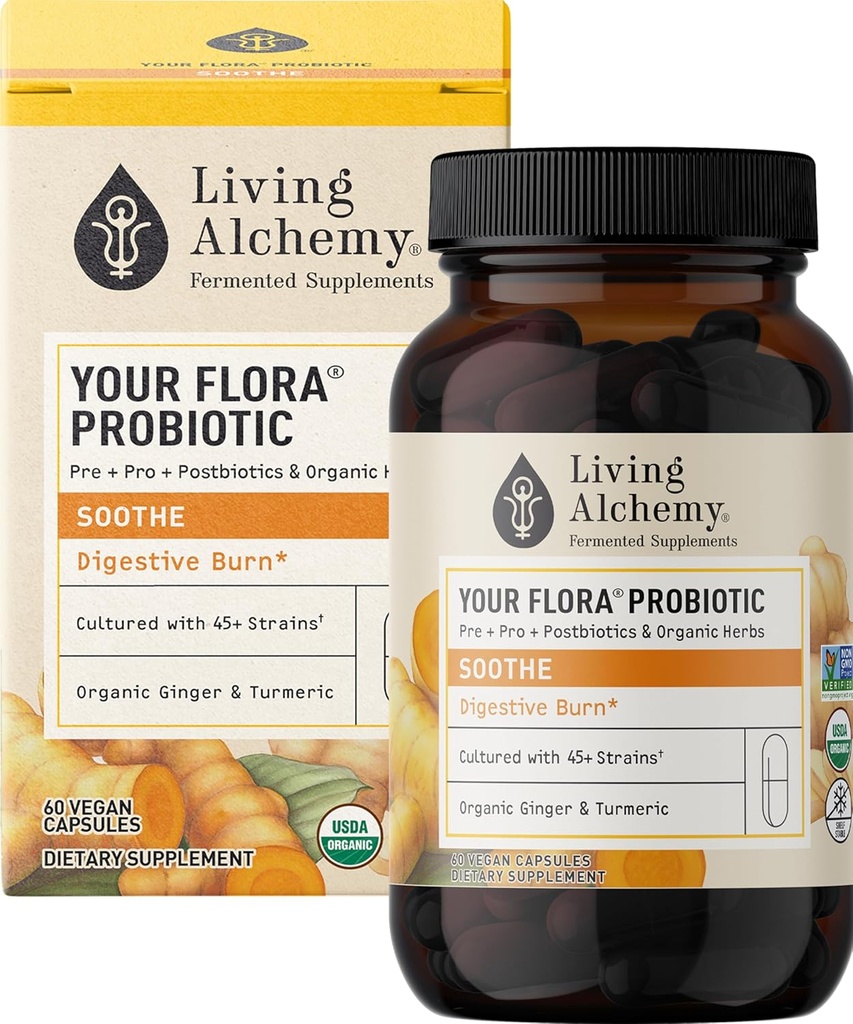 Din Flora Probiotic Soothe - Non- GMO Probiotika med gæret Soybean, Ingefær, & gurkemeje for Gut Balance, fordøjelse, & Support - Prebiotika, Postbiotika, fordøjelsesenzymer - Living Alchemy, 60 Pcs
