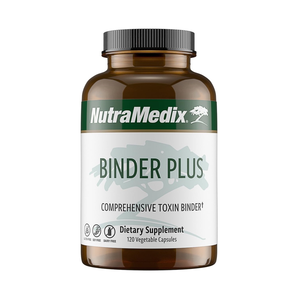 NutraMedic Binder Plus - Omfattende toksin Binder & Body Detoxifier - Prebiotic Antioxidant Support + Inulin, Bentonit, Aloe Vera, Aktiveret Charcoal, Fulvic Minerals & Chitosan (120 kapsler)