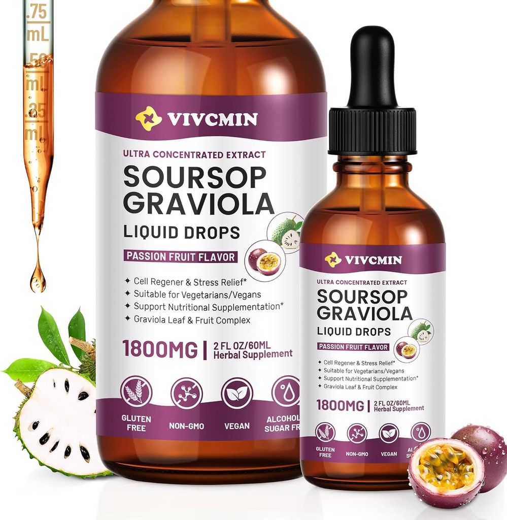 Graviola Soursop Leaf Extract Liquid - Soursop Bitters Liquid, Support Immune, Slap af, Lever og søvn, Sukker & Alkohol- Gratis, Højt Absorberbare Formel, Passionsfrugt Flavor, 2 Fl Oz