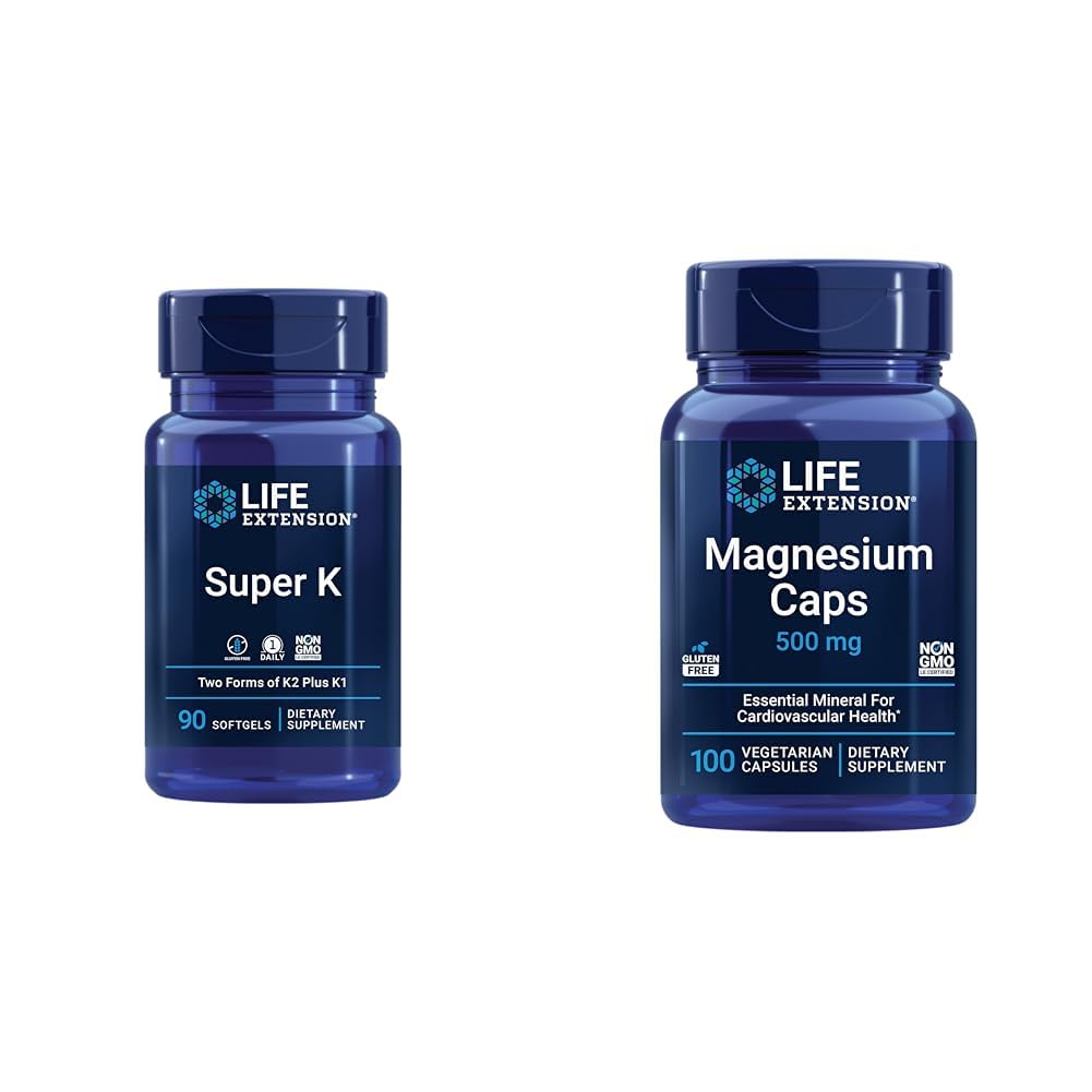 Life Extension Super K Vitamin K1, K2 MK- 7, MK-4, C-vitamin og Magnesiumkapsler 500mg, Heart, Bone, Arterial Health