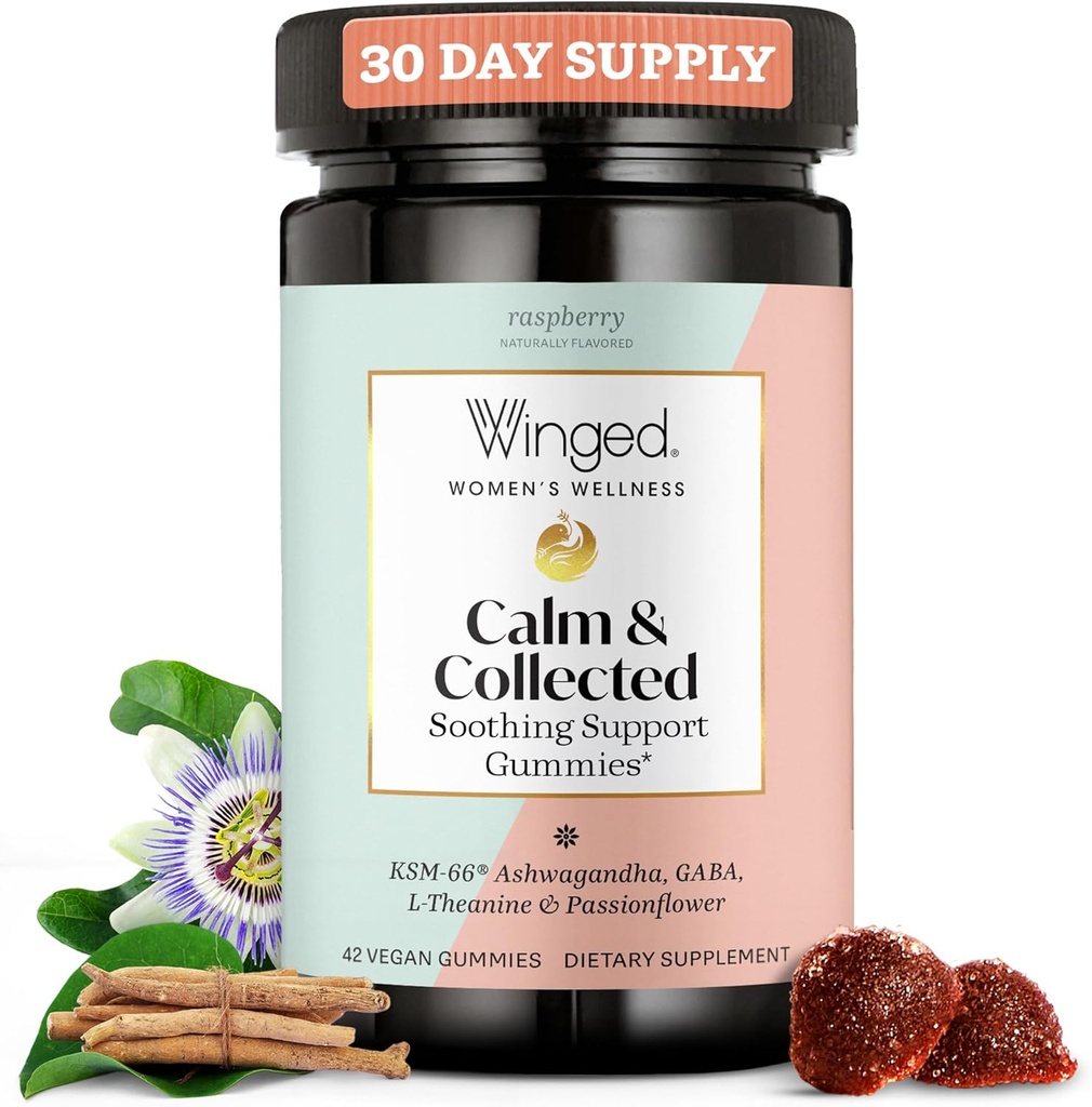 Vinged Wellness Room & Collected, Stress Relief Gummies - Stress Support Supplement med KSM- 66 Ashwagandha, L- Theanine, GABA & Passionflower - Vegan & Gluten- Free Gummy - Hindbær, 42 Greve