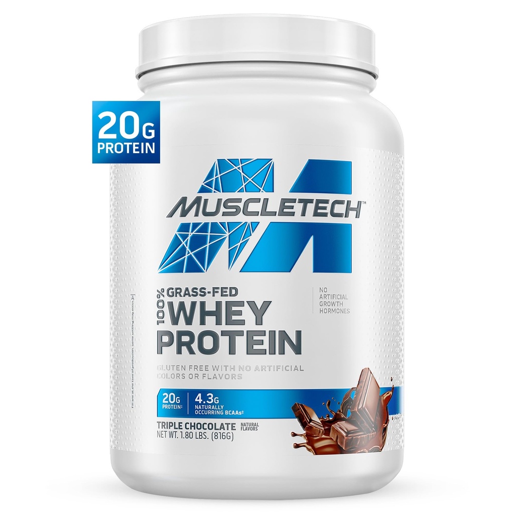 Muscletech Grass- Fed Whey Protein Powder (Triple Chocolate, 1,8LB) - Whey Protein Smoothie & Milk Shake Mix understøtter Muscle Gain & Recovery - 20g af Whey Protein for kvinder & mænd - ikke-GMO, Gluten- Free
