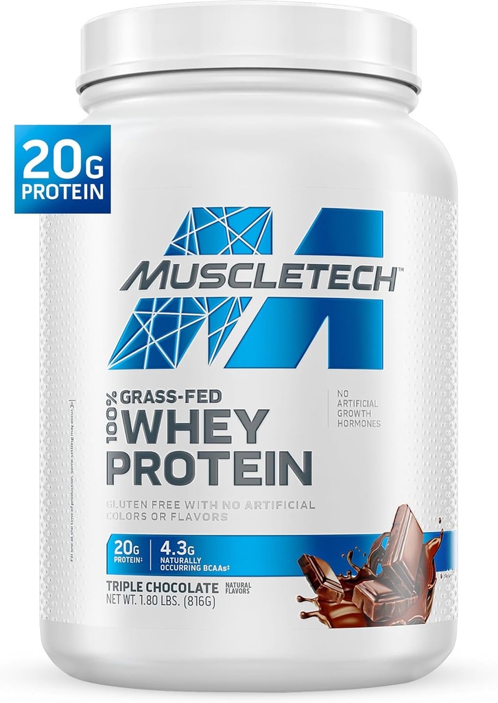 Muscletech Grass- Fed Whey Protein Powder (Triple Chocolate, 1,8LB) - Whey Protein Smoothie & Milk Shake Mix understøtter Muscle Gain & Recovery - 20g af Whey Protein for kvinder & mænd - ikke-GMO, Gluten- Free