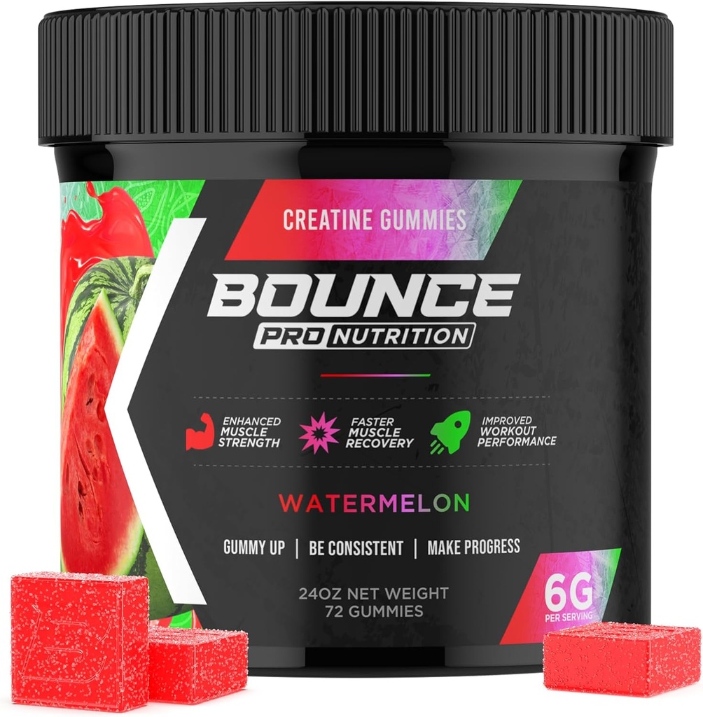 Bounce Pro Creatine Monohydrat Gummier for mænd og kvinder, lav kalorie, 6G Creatine per Serving, Vegan, Anti- Smeltning, Gluten- Free, Non- GMO, 2g Creatine per Gummy (72ct, Watermelon)