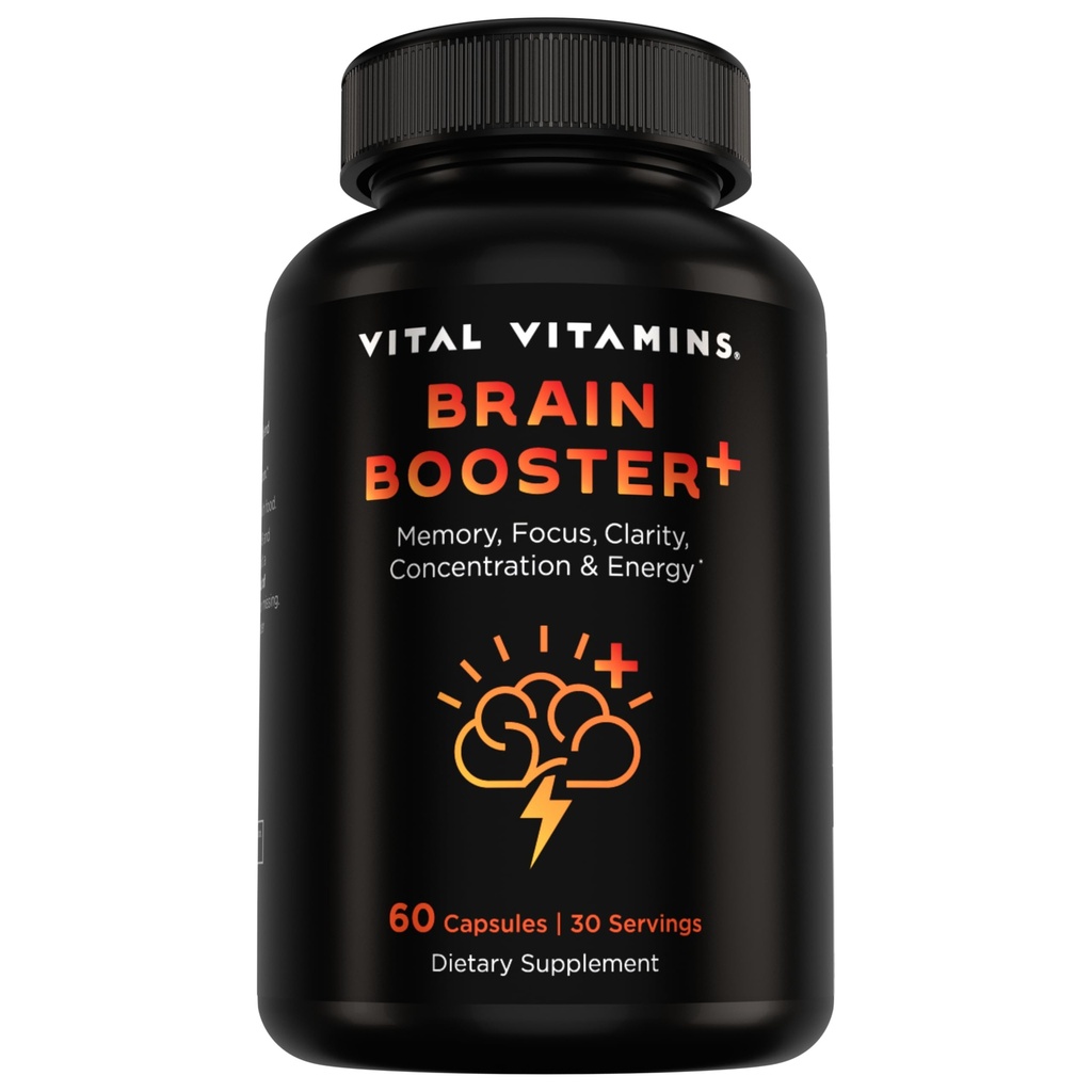 Vital Vitaminer Nootrop Brain Supplement Plus - for hukommelse, fokus, koncentration, Neuro Energy, Clarity - med løvens Mane svampe - 60 kapsler