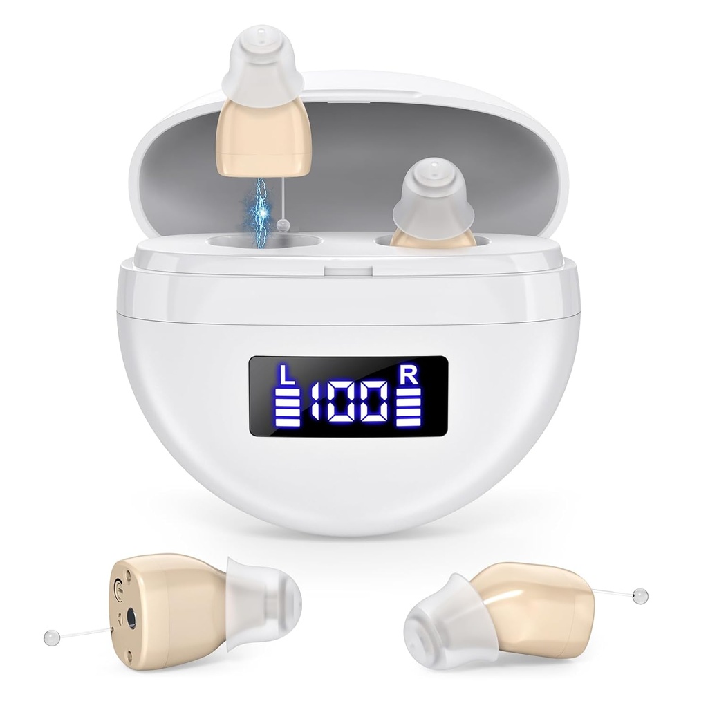 Genopladelige digitale hørelse hjælpemidler til seniorer, Intelligent støj Annullering hørelse forstærkere til voksne, Næsten Usynlig LED Power Display opladning sag.
