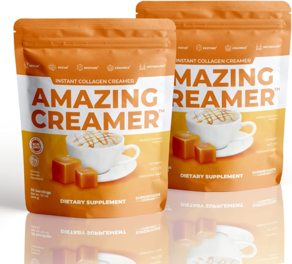 Superfoods Company Amazing Creamer med Collagen - Keto Creamer- Hyaluronic Acid & MCT Oil - Brain Boost & Curbs Cravings - Understøtter sund hud & hår - Diet- Friendly [60 Servere] [Saltet Caramel]