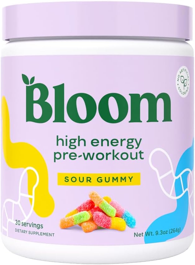 Bloom Nutrition High Energy Pre Workout Powder, Amino Energy med Beta Alanine, Ginseng & L Tyrosine, Natural Coffein Powder from Green Tea Extract, Sugar Free & Keto Drink Mix (Sour Gummy)