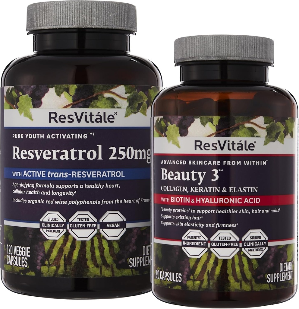 ResVitale Beauty 3 - Hudpleje supplement med Collagen, Keratin & Elastin - 90 Kapsler & Resveratrol 250 mg - Resveratrol supplement til mænd og kvinder - 120 Veggie kapsler
