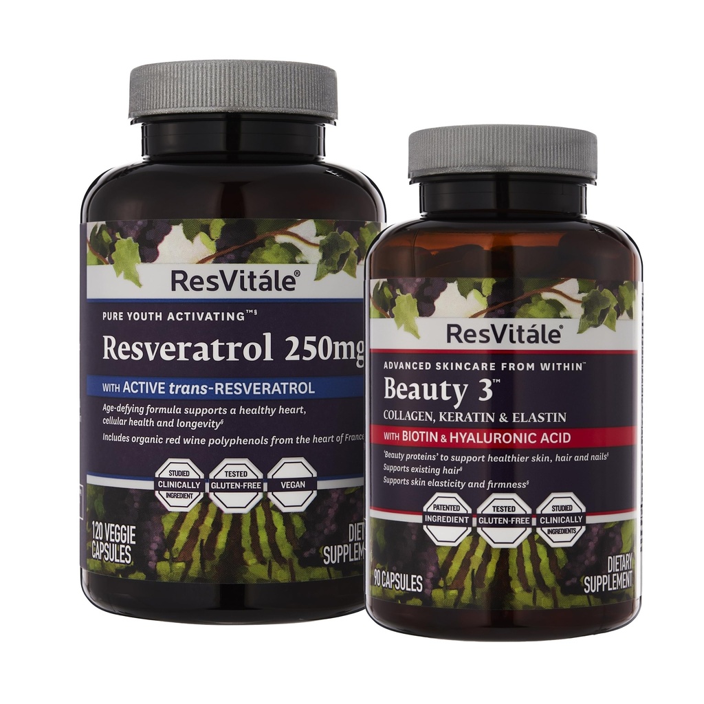 ResVitale Beauty 3 - Hudpleje supplement med Collagen, Keratin & Elastin - 90 Kapsler & Resveratrol 250 mg - Resveratrol supplement til mænd og kvinder - 120 Veggie kapsler