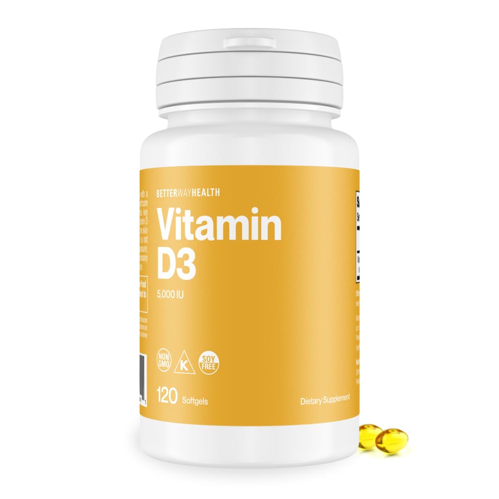 Better Way Health Vitamin D3 5000 IE - High Potency Softgel Vitamin D supplement til immun- og bensundhed - non-GMO, Dairy- Free, 120 Softgels
