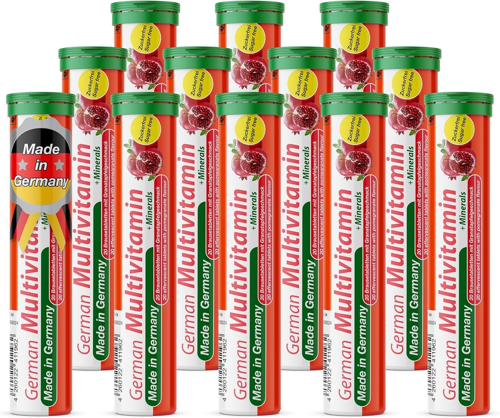 T & D Tysk Multvitamin + mineraler 10 Vitamin 2 Mineraler - 240 Vegansk drik Effervescent tabletter - Pomegranat Flavor - Made in Germany