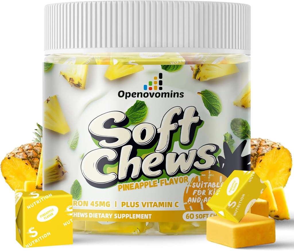Jern supplement tygger med C-vitamin til kvinder mænd og børn, Natural Vegan Iron Soft Tyg med B6-vitamin, B12, D, Calcium & Zink - Energistøtte, 60 Ananassovs, 2 Måned Supply