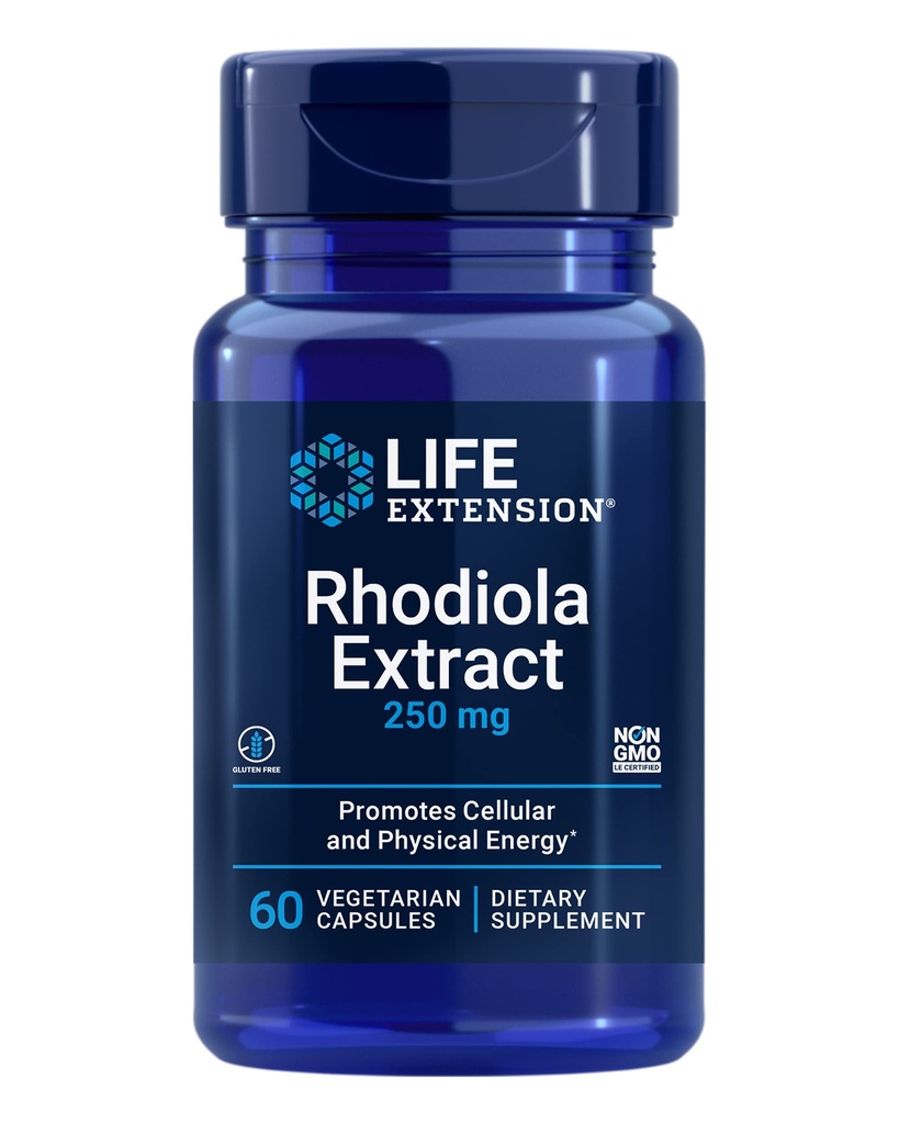 Life Extension Rhodiola Extract, Rhodiola rosea supplement, standardiseret ekstrakt, fremmer fysisk og mental ydeevne, glutenfri, non-GMO, vegetar, 250 mg, 60 kapsler